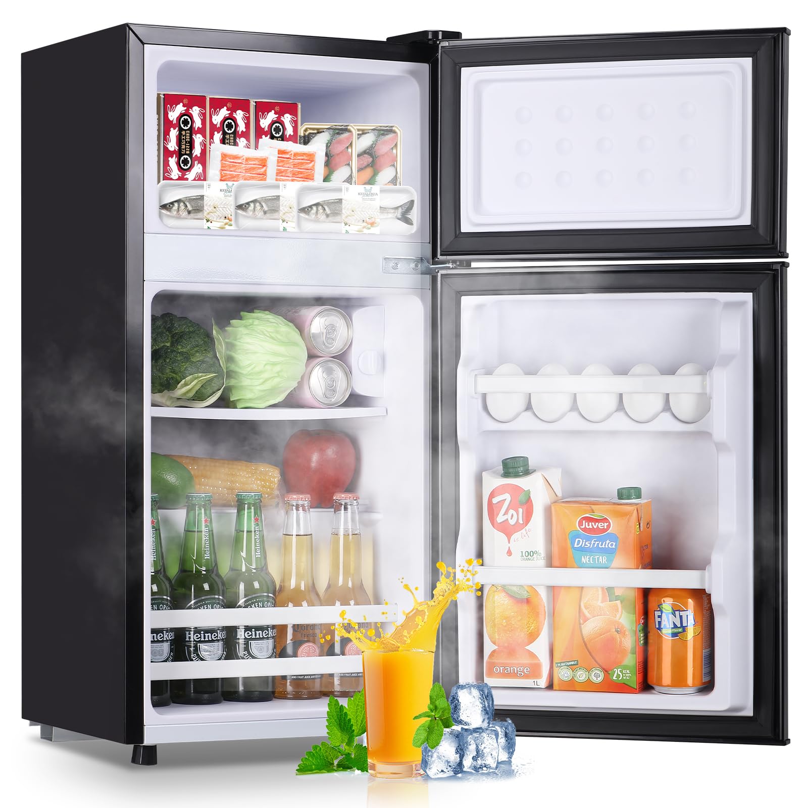 2.4 Cu.ft Mini Fridge with Double Doors Small Refrigerator with Separate Freezer & 7 Adjustable Temperature Control, Tiny Size & Personal Fridge Ideal for Office Apartment Dorm Dark Grey